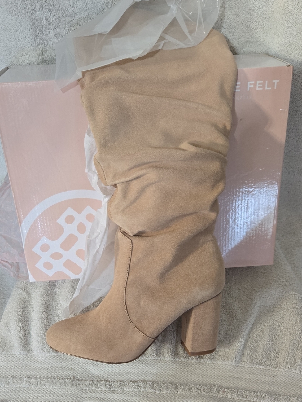 Laurie Felt Suede Slouch Knee-High Boot in Tan